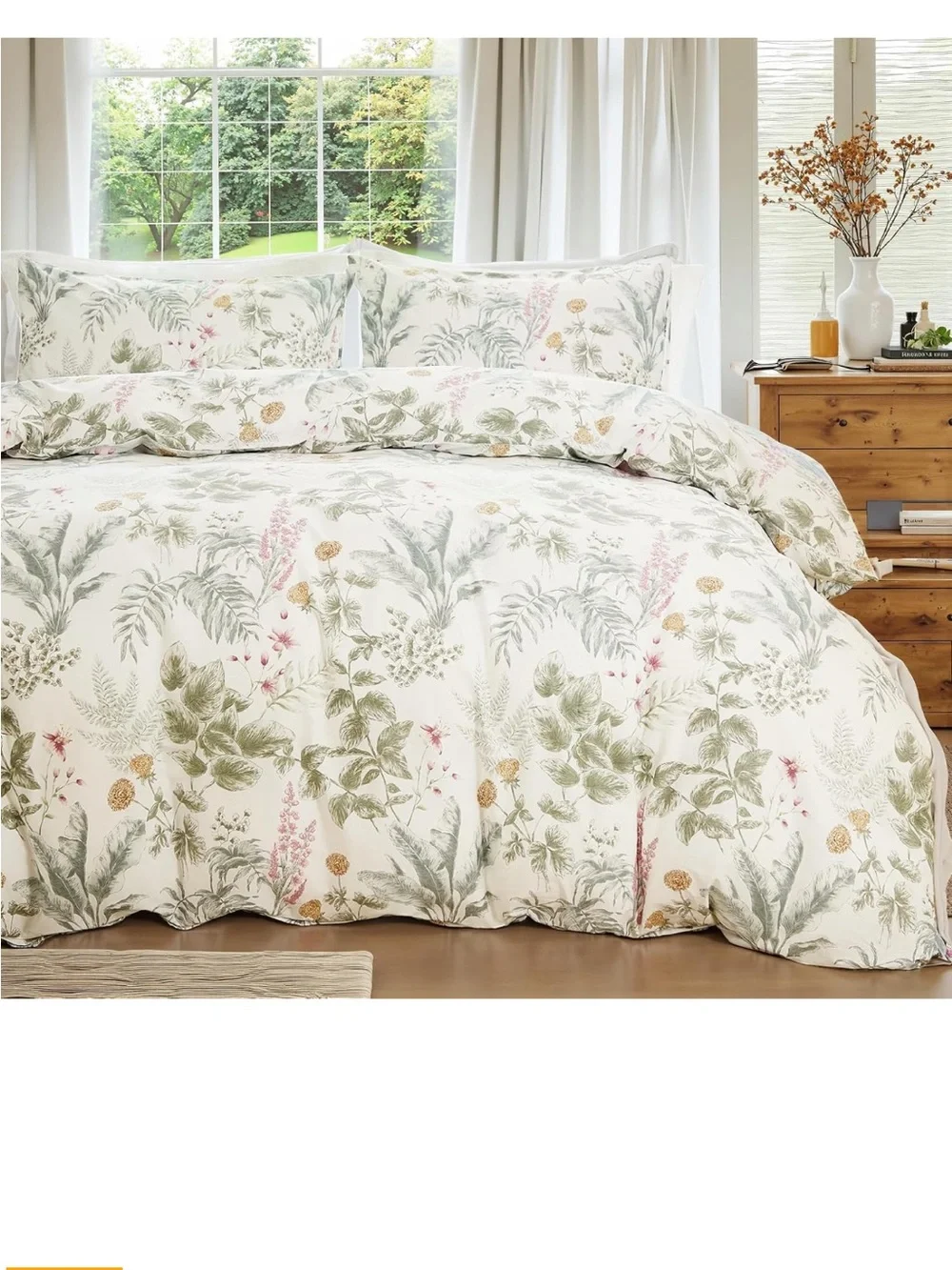 100% Cotton Duvet Cover Queen Size Sage Green Floral Duvet Set Reversible